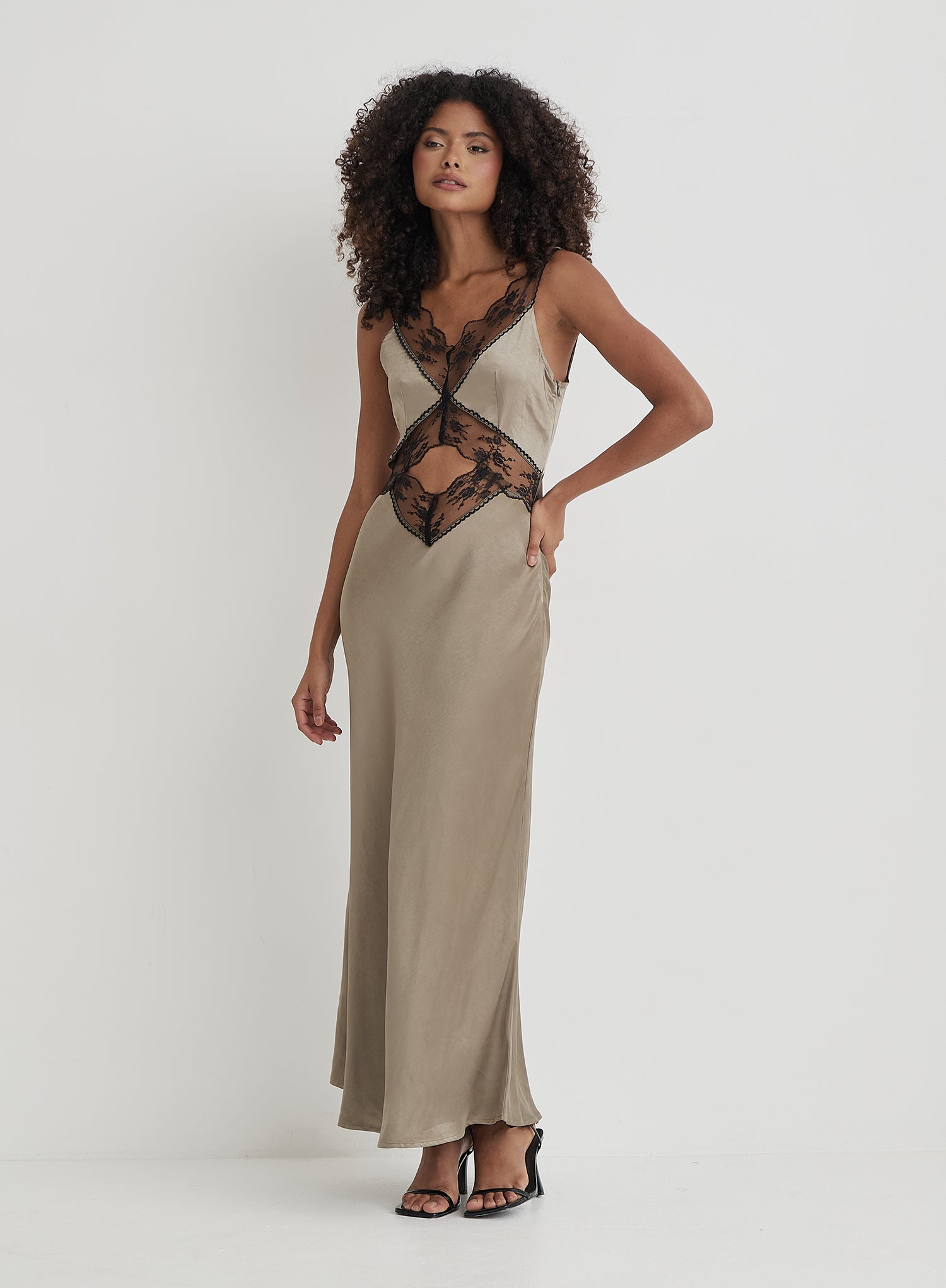 Khaki Satin Lace Slip Dress